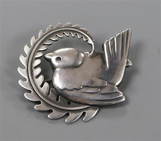 A Danish Georg Jensen sterling silver stylised bird and branch brooch, no. 309 50mm.